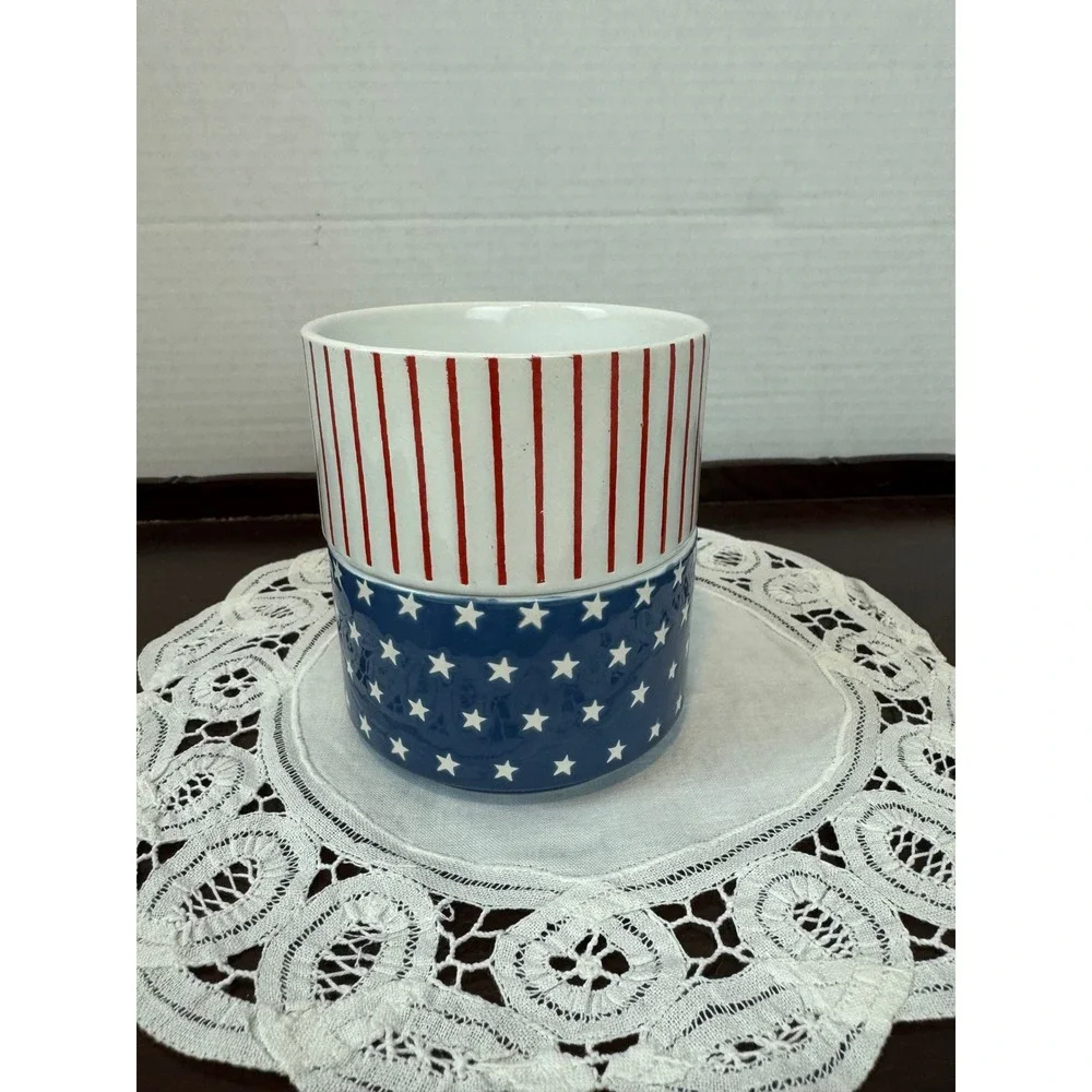 Stoneware Patriotic Stars and‎ Stripes Ramekin Set Red White Blue Bowls 2pc